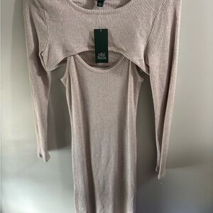 Wild Fable Beige Ribbed Long Sleeve Dress